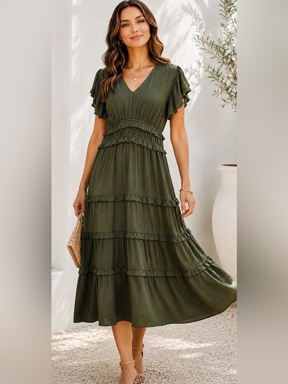 PINCH GREEN TIERED RUFFLE MIDI DRESS 
SIZE M BOHO COTTAGECORE FlLUTER SLEEVE